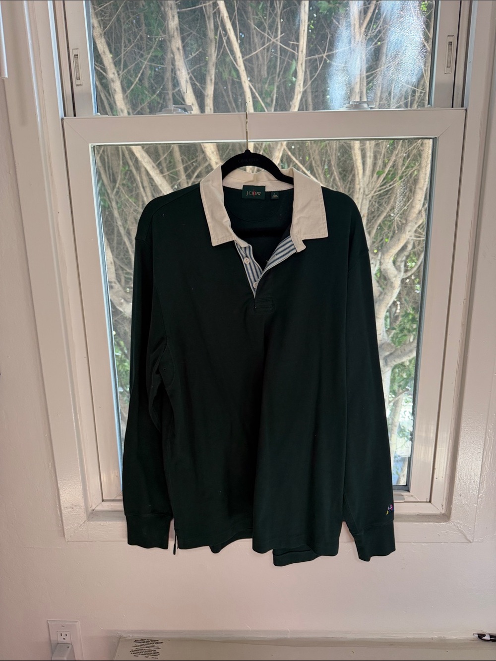 J. Crew Men's Forest Green Rugby Polo with Cream Collar